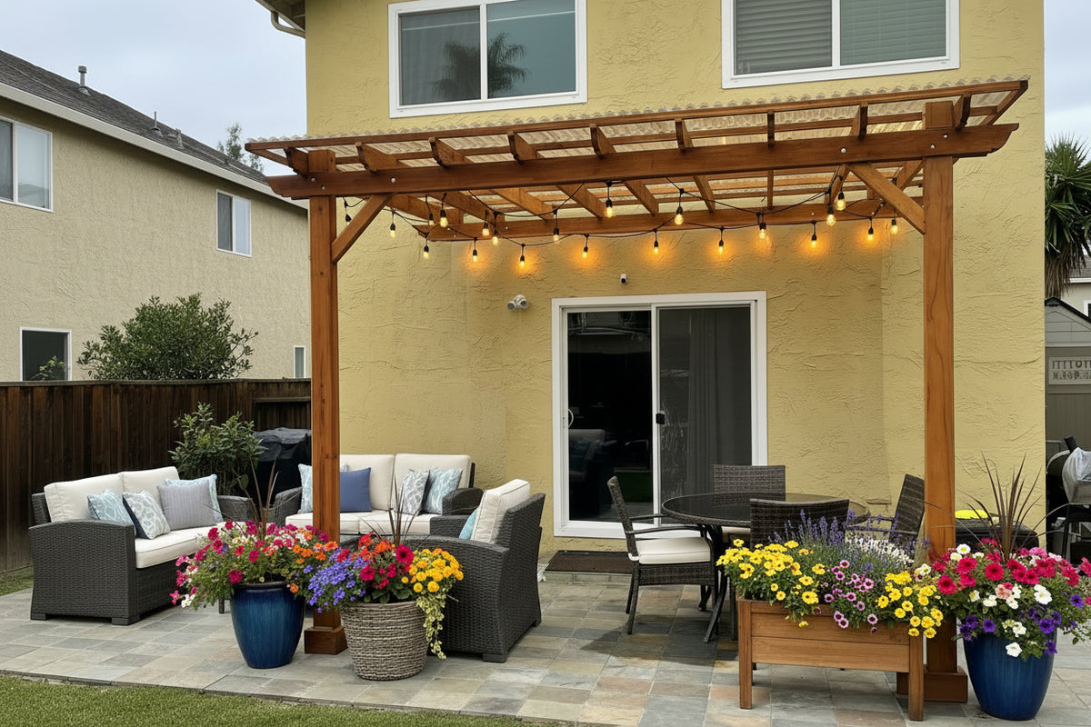 Outdoor Super Deck Attached Redwood Pergola