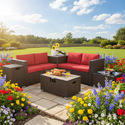 6 Pieces Outdoor Wicker Furniture Set with 32 Inch Propane Fire Pit Table