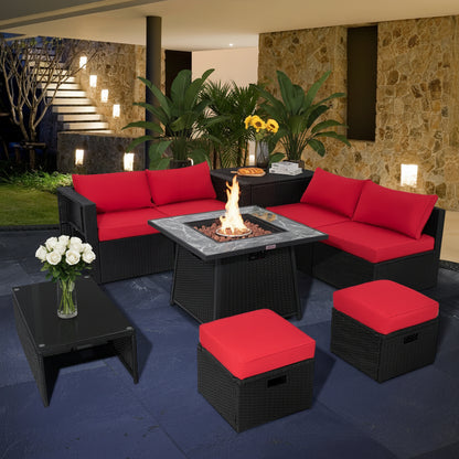 9 Pieces Outdoor Wicker Sectional with 35 Inch Gas Fire Pit Table