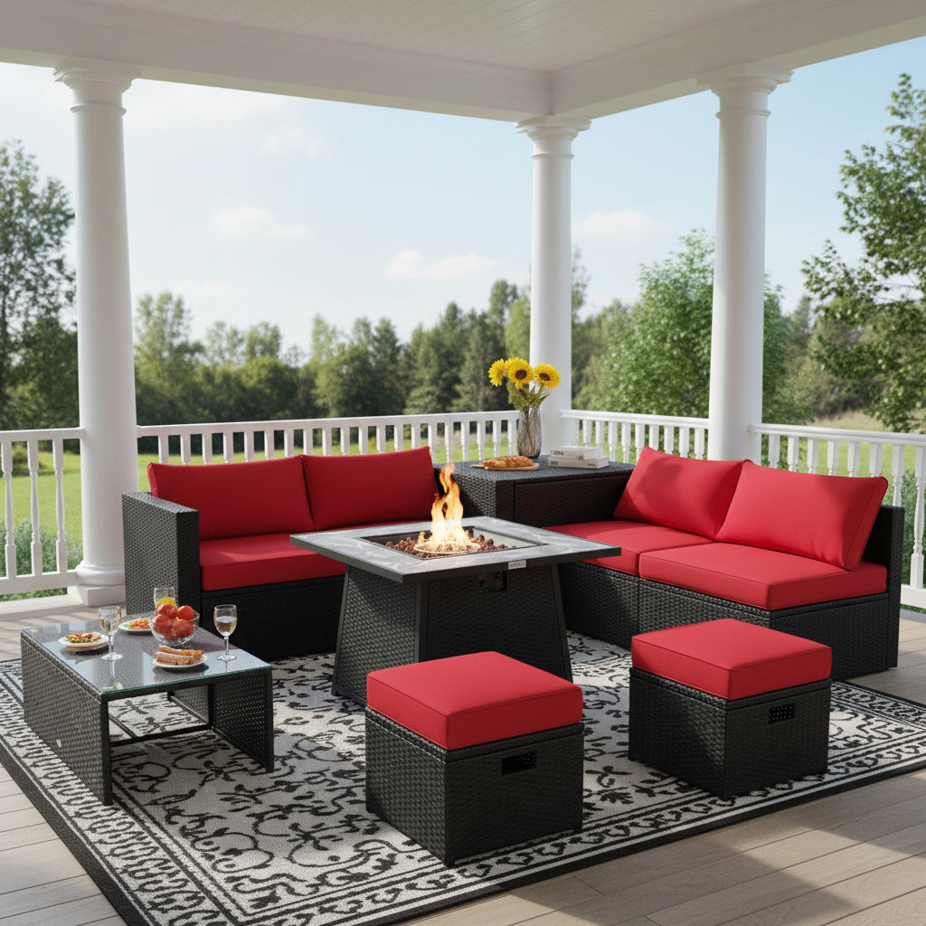 9 Pieces Outdoor Wicker Sectional with 35 Inch Gas Fire Pit Table