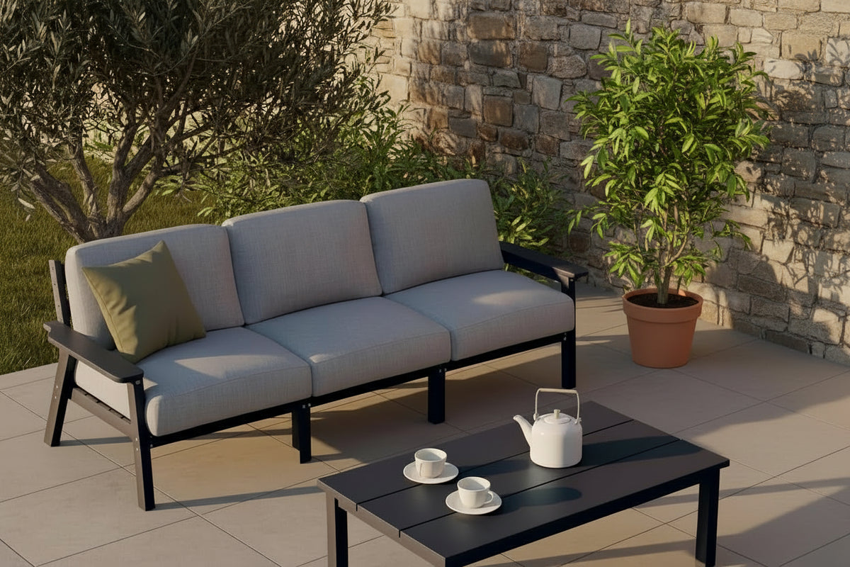 Patio Furniture Set 3 Seats, HDPE Outdoor Sectional with Washable Beige Thick Cushions, Coffee Table & Side Table,, Customized