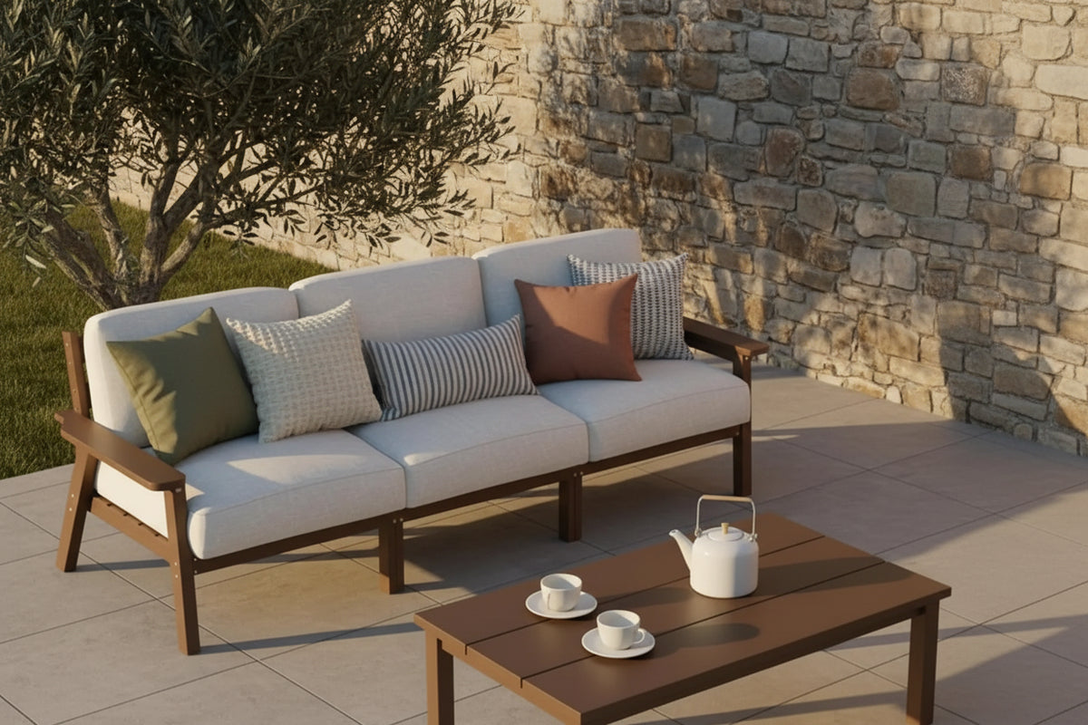 Patio Furniture Set 3 Seats, HDPE Outdoor Sectional with Washable Beige Thick Cushions, Coffee Table & Side Table,, Customized