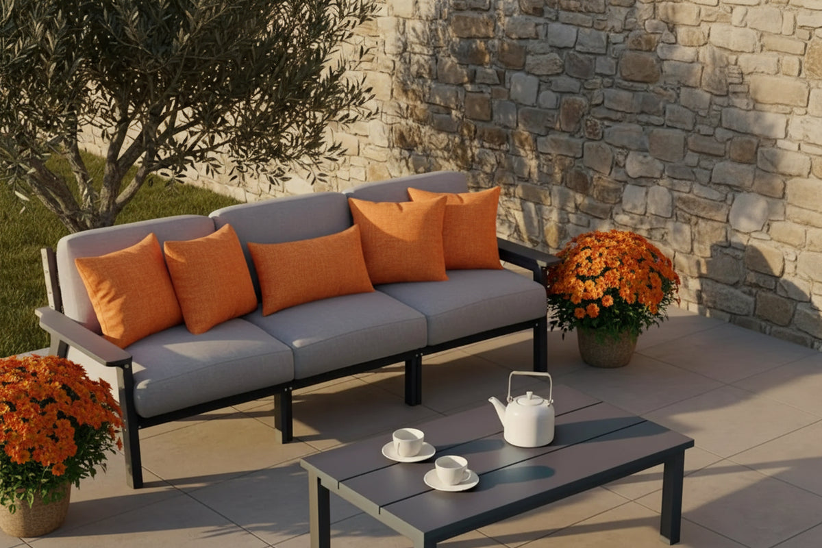 Patio Furniture Set 3 Seats, HDPE Outdoor Sectional with Washable Beige Thick Cushions, Coffee Table & Side Table,, Customized