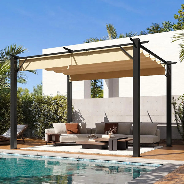 10'x12' Outdoor Retractable Pergola, Upgraded Adjustable Sun Shade