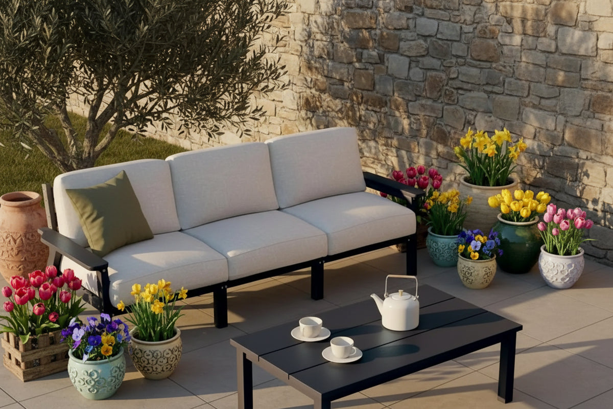 Patio Furniture Set 3 Seats, HDPE Outdoor Sectional with Washable Beige Thick Cushions, Coffee Table & Side Table,, Customized