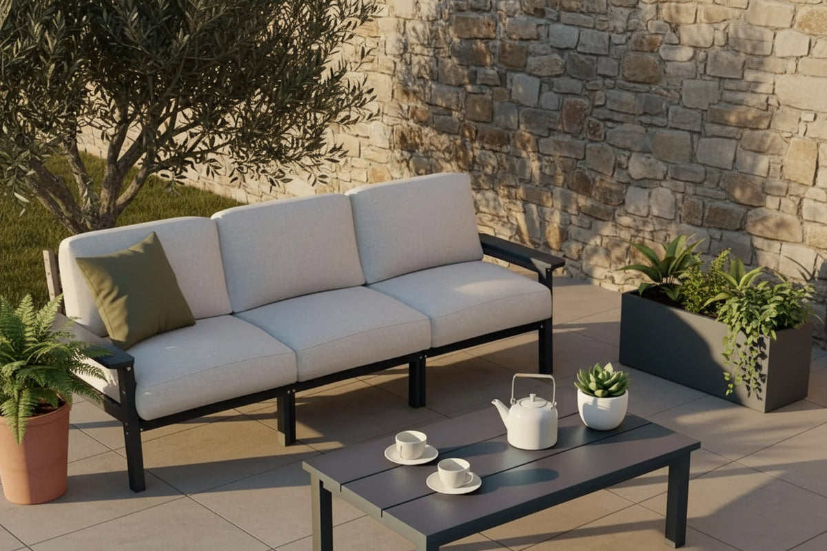 Patio Furniture Set 3 Seats, HDPE Outdoor Sectional with Washable Beige Thick Cushions, Coffee Table & Side Table,, Customized