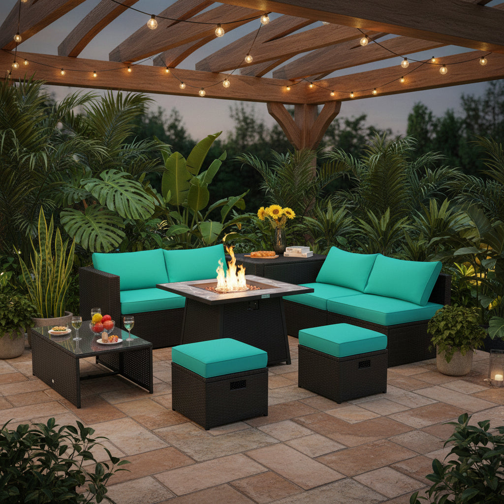 9 Pieces Outdoor Wicker Sectional with 35 Inch Gas Fire Pit Table