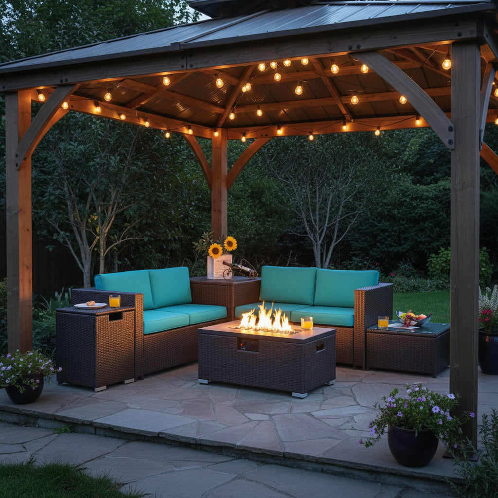 6 Pieces Outdoor Wicker Furniture Set with 32 Inch Propane Fire Pit Table