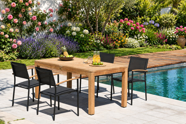 Rinjani Rectangular Table and 4 Vera Stacking Armchair Dining Set