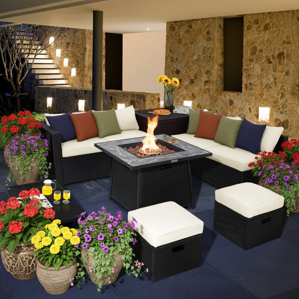 9 Pieces Outdoor Wicker Sectional with 35 Inch Gas Fire Pit Table