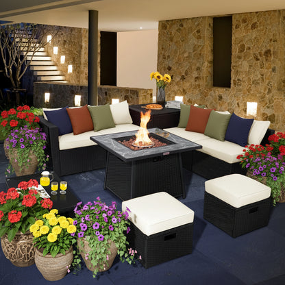 9 Pieces Outdoor Wicker Sectional with 35 Inch Gas Fire Pit Table