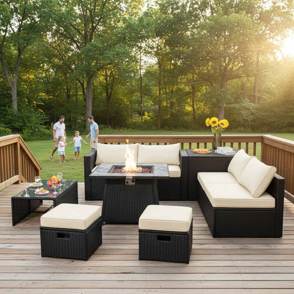 9 Pieces Outdoor Wicker Sectional with 35 Inch Gas Fire Pit Table