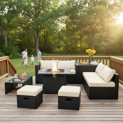 9 Pieces Outdoor Wicker Sectional with 35 Inch Gas Fire Pit Table