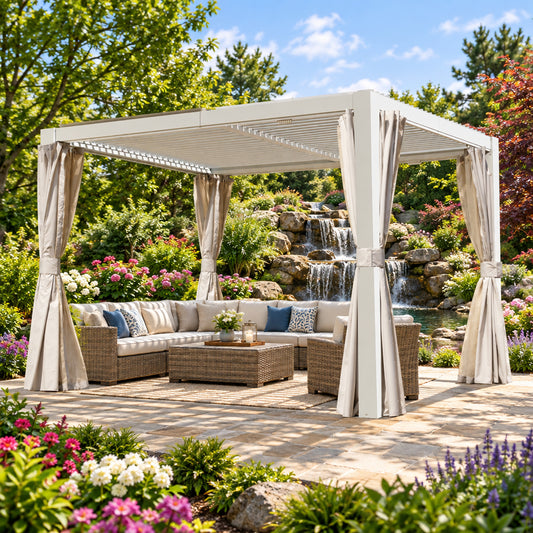 10x12 FT Outdoor Louvered Pergola with Adjustable Louvers - White