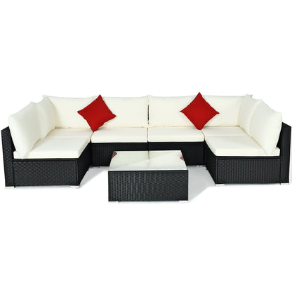 7 Pieces Sectional Wicker Furniture Sofa Set with Tempered Glass Top-Red