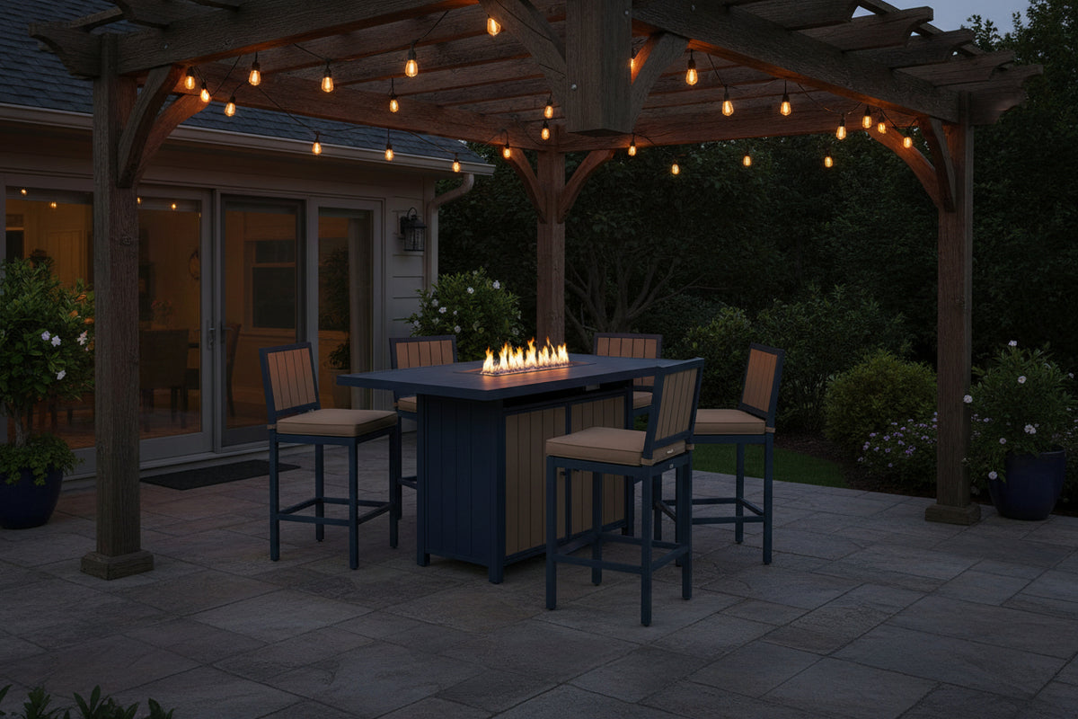 East Beach - Rectangular Bar Table With Fire Pit - Blue