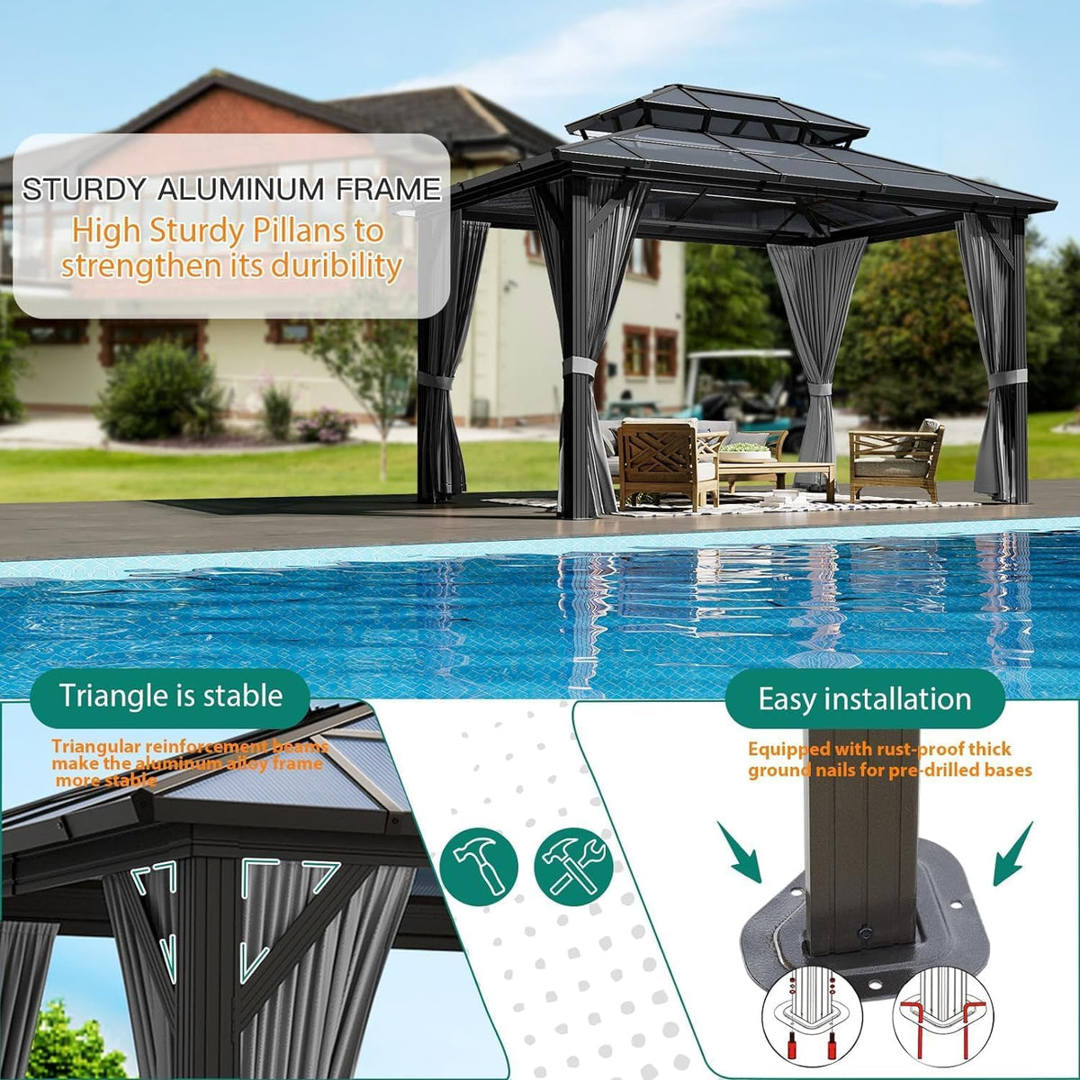 12'X10' Hardtop Gazebo, Aluminum Permanent Pavilion with Polycarbonate Double Roof, Removable Curtains & Mosquito Netting for Patio, Garden, Lawn, Upgrade Your Outdoors: Heavy Duty Hardtop Gazebo