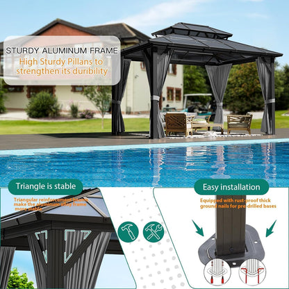 12'X10' Hardtop Gazebo, Aluminum Permanent Pavilion with Polycarbonate Double Roof, Removable Curtains & Mosquito Netting for Patio, Garden, Lawn, Upgrade Your Outdoors: Heavy Duty Hardtop Gazebo