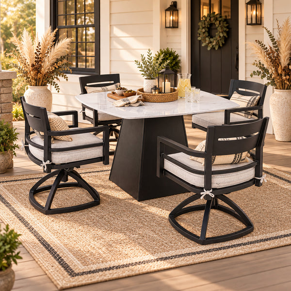 Outdoor Patio Dining Set, Squircle Dining Table, Dining Chairs With Sunbrella Cushions