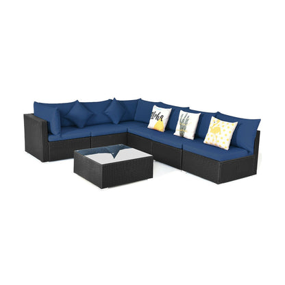 7 Pieces Sectional Wicker Furniture Sofa Set with Tempered Glass Top-Red