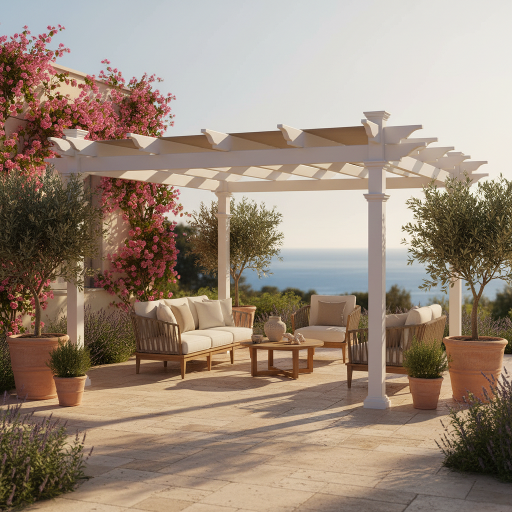 120"L X 120"W X 108"H Vinyl Malibu Canopy Pergola, White, VA42057