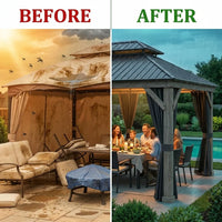 12' X 14' Wood Gazebo, Outdoor Hardtop Gazebo with Wood Posts and Galvanized Steel Doule Roof, Wooden Frame Gazebos with Netting and Curtains for Patio, Backyard, Deck Garden — Before & After
