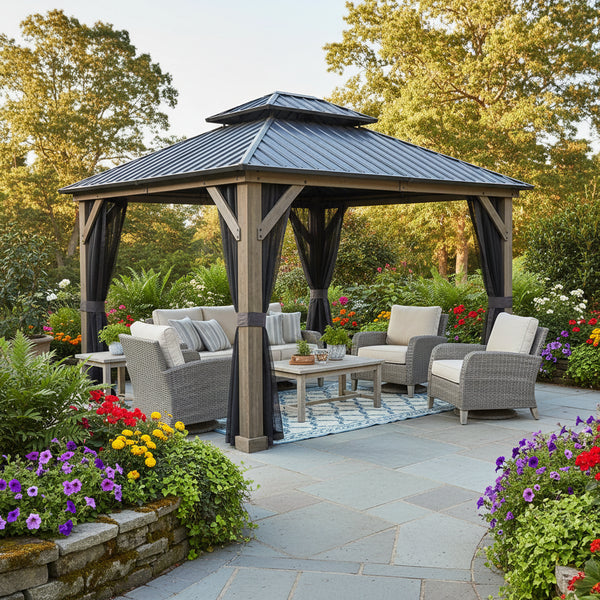 Wood Gazebo Built for Outdoor Living, 12x14 Cedar Frame, Galvanized Steel Roof, Netting and Curtains