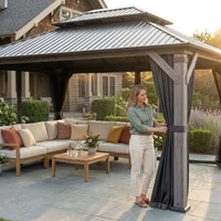 12' X 14' Wood Gazebo, Outdoor Hardtop Gazebo with Wood Posts and Galvanized Steel Doule Roof, Wooden Frame Gazebos with Netting and Curtains for Patio, Backyard, Deck Garden — Lifestyle