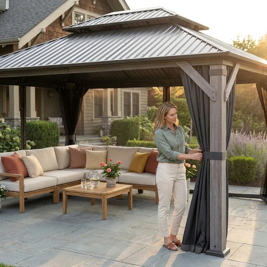 12' X 14' Wood Gazebo, Outdoor Hardtop Gazebo with Wood Posts and Galvanized Steel Doule Roof, Wooden Frame Gazebos with Netting and Curtains for Patio, Backyard, Deck Garden — Lifestyle