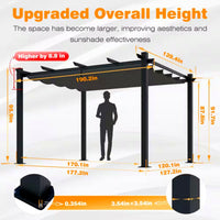 Aluminum Pergola Built to Cover Large Spaces, 16x12 ft Frame, Retractable Dark Gray Canopy, 192 Sq Ft Coverage