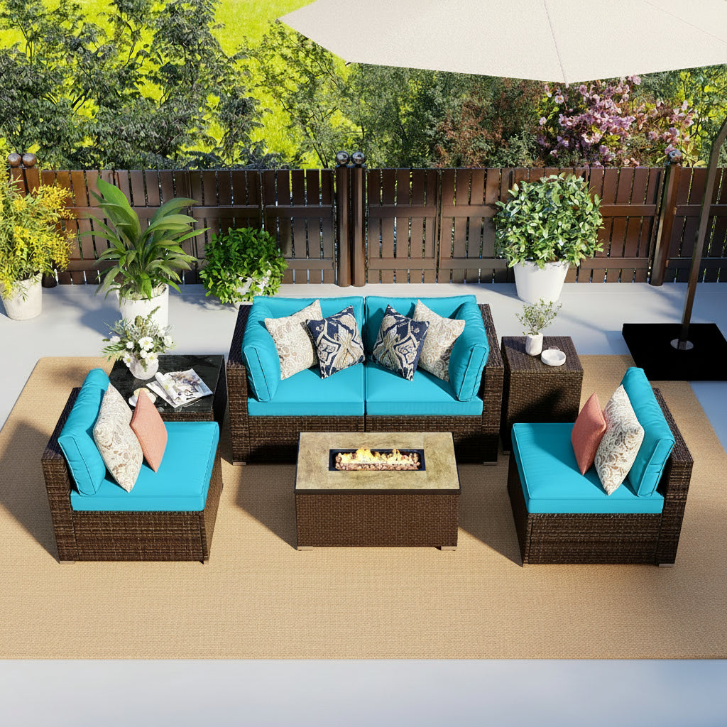 7 Pieces Outdoor Furniture Set with 32 Inch Fire Pit Table and Propane Tank Cover