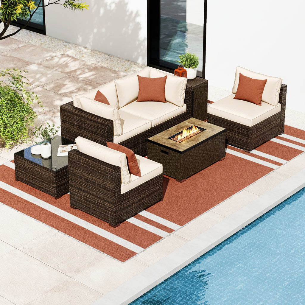 7 Pieces Outdoor Furniture Set with 32 Inch Fire Pit Table and Propane Tank Cover